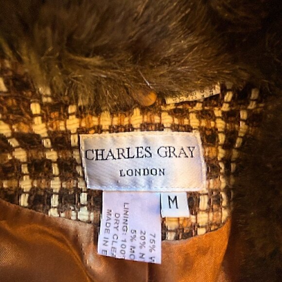 Vintage Plaid Wool Coat Faux Fur Collar Grandpa Chic Charles Gray London - Picture 8 of 8